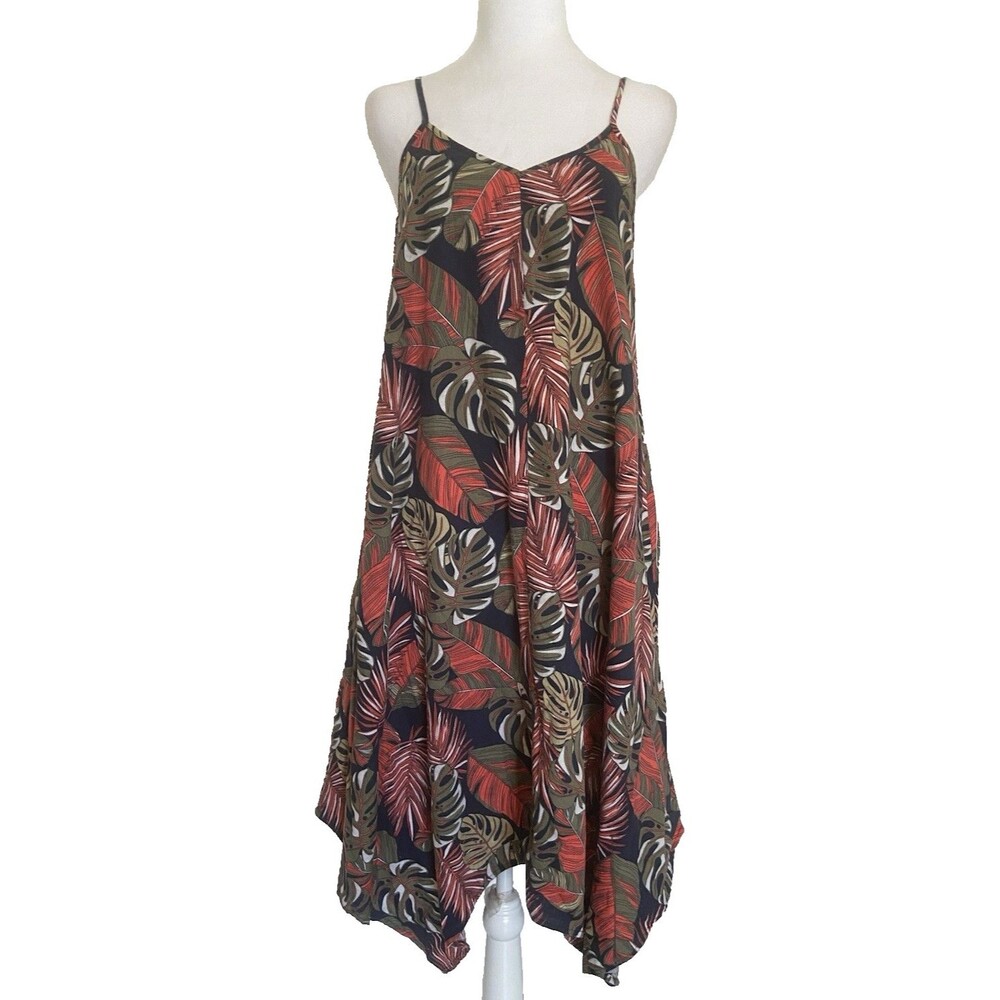 Linen Blend Sundress Tropical Sz. M Spaghetti Straps Handkerchief Hem TIME & TRU